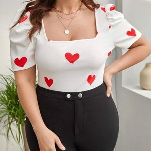 White & Red Heart Top w/ Square Neck & Puffy Sleeves